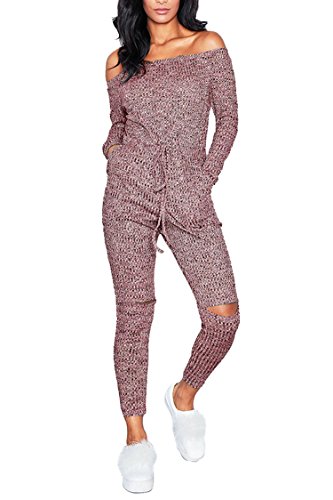 Fixmatti lady cold shoulder knit ripped knee broken hole skinny l…