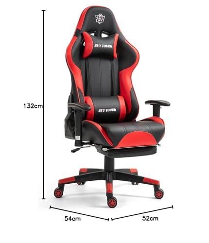 SKY-TOUCH New Upgrade Ergonomic Gaming Chair,Height Adjustable Computer Gaming Chair with Footrest,Adjustable Armrests,Fulled PU Leather, Swivel & Tilt,54x52x132cm, Red