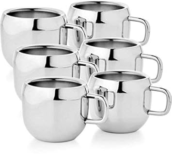 MadeWell Stainless Steel Heavy Gauge Double Walled Tea/Coffee Cup Set of 6 - Plain and Sober