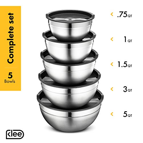 Klee Stainless Steel Mixing Bowls Set of 5 - Mixing Bowls with Airtight Lids for Kitchen - Mixing Bowls with Measurements - Nesting Mixing Bowls Set - Stackable Mixing Bowls for Food Storage