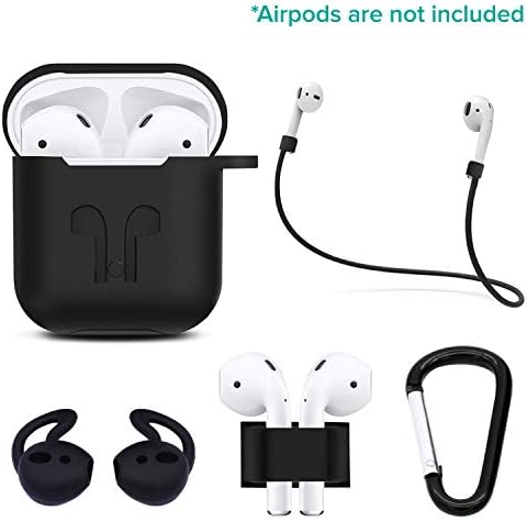 Casism AirPods Case 5 in 1 Airpods Accessories Kits Protective Silicone Case and Cover for Charging Case with Airpods Strap/Airpods Ear Hooks/Anti-Lost Carabiner/Airpods Watch Band Holder (Black)