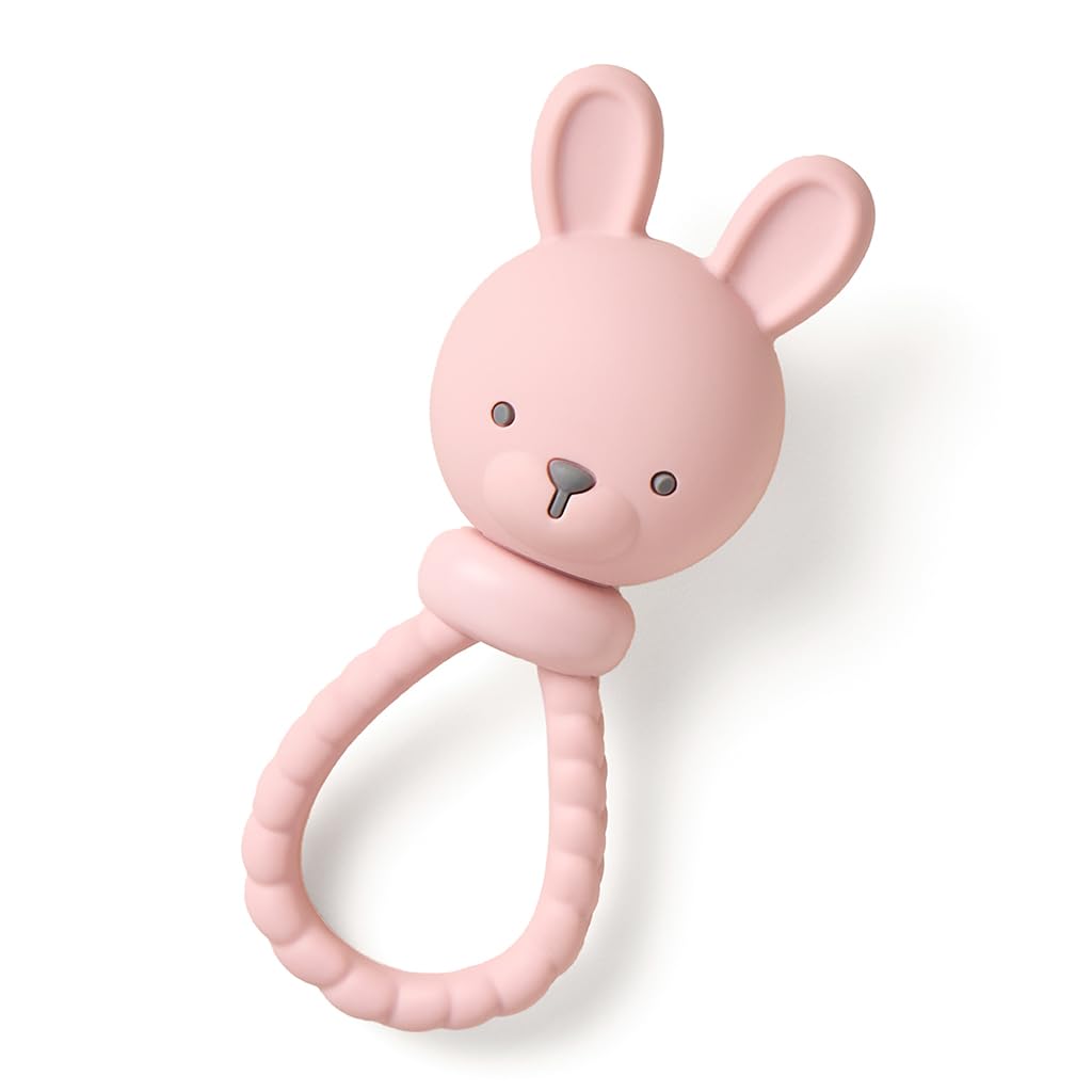 Itzy Ritzy Silicone Rattle Toy – Soothing Teething Toy with Soft Jingle Sound & Easy-Grip Textured Handle - for Ages 3 Months and Up (Bunny)