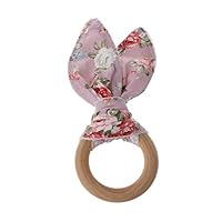 Poity Baby Teething Ring Rabbit Ear Chewie Teether Safety Wooden Natural Bunny Sensory Toy Gift  Large Purple Flower