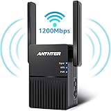 WiFi Range Extender, Anthter 1200Mbps WiFi Repeater with 2 External Antennas, 2.4 & 5GHz Dual Band Signal Booster, 360 Degree Full Coverage WiFi Range Extender Repeater, Easy Set-Up