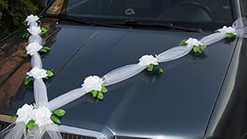 Prezer 1x PKW Dekoration Autodekoration Girlande mit Tüll und Rosen Weiss 1,70m mit Saugnäpfe
