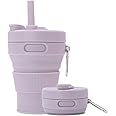 UNNESTAR Silicone Coffee Mug Collapsible Cups for Camping Folding Travel with Straw Reusable Portable Drinking Cups Outdoor Hiking 450ml (Purple-450ml, 1)
