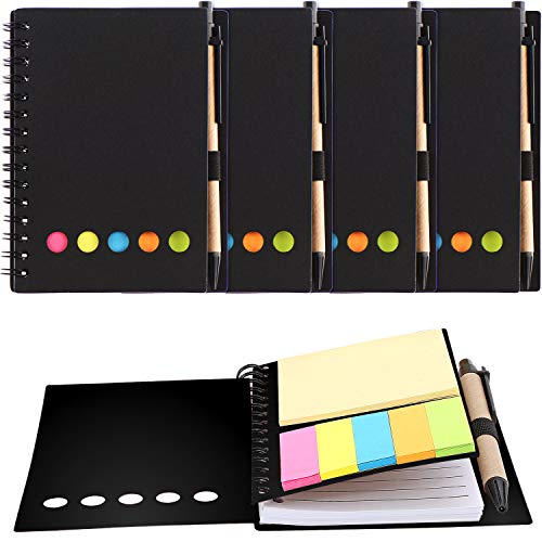 Blulu 4 Pieces Spiral Notebook 280 Sheets Lined Notepad with Sticky Notepads, Page Marker Colored Index Tabs Flags and Pen in Holder (Set 2)