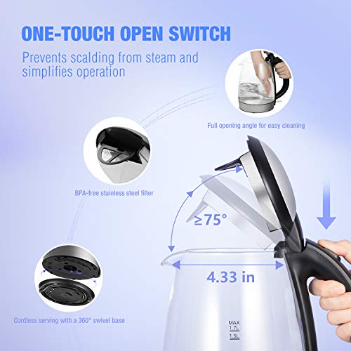 Electric Tea Kettle 1.7L, Plemo 1500W Electric Glass and Steel Kettle, BPA-Free & Boil-Dry Protection Hot Water Kettle Heater With Auto Shut-Off, LED Indicator Light Fast Boiling Coffee Kettle - Thumbnail 3