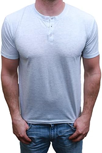 Henley Mens  Short Sleeve TShirt with 3 Buttons, Heather White, Large