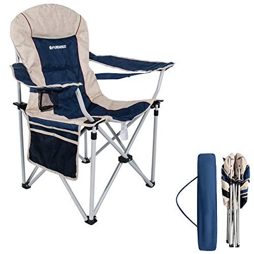 FUNDANGO Oversized Folding Camping Quad Chair for Heavy People, Lumbar Back Support Steel Frame Padded Camp Chair Heavy Duty 350lbs with Cup Holder and Carrying Bag for Backpacking, Picnic