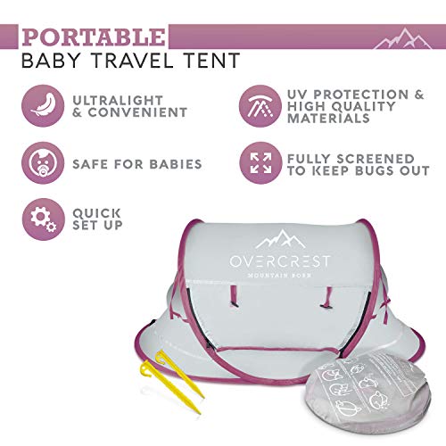 Overcrest Portable Beach Pop up Tent Babies, UPF 50+, Large Sun Shelter Infant Babies, Mosquito Net Sunshade, Lightweight Outdoor Travel Baby Crib Bed (Mauve)