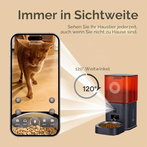 Automatic Cat Feeder with Camera 6L, Automatic Cat Feeder for Cats and Dogs, App Control via WiFi, 2-Way Audio, Night Vision, Feeder with Stainless Steel Bowl (White & Red)