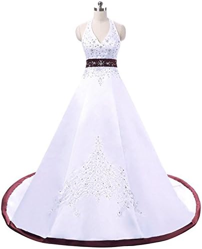 Anlin Embroidery Satin Halter Wedding Dress Prom Party Bridal Gown White Burgundy US22w