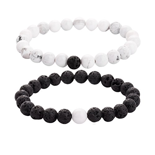 Zhepin 8mm YinYang Beads Bracelet His and Hers Couple Bracelet White Turquoise&Black Lave Stones Distance Bracelet Christmas Gift