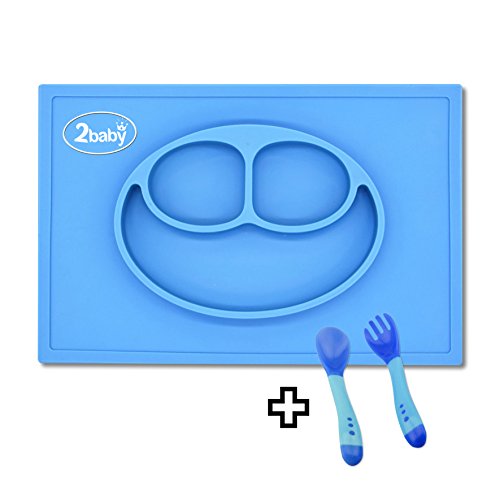 2Baby Smile Silicone Placemat | Comfortable for Child and Mom | Stick Firmly to Any Surface | Blue Color | 2 x Bonus Gifts - Fork and Spoon