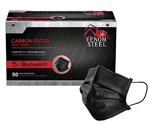 Venom Steel Carbon Filter Dust Mask, Black Face Mask Protects From Dirt, Dust & Pollen, Individually Wrapped, 50 Count