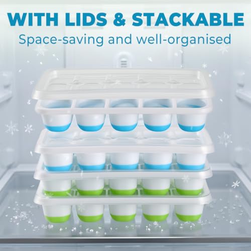 Silicone Ice Cube Tray with Lid BPA Free Small Ice Trays for Freezer 4 Pack | Flexible Design Easy Release, LFGB Certified Food Grade, Stackable Non Spill Lidded Ice Cube Moulds