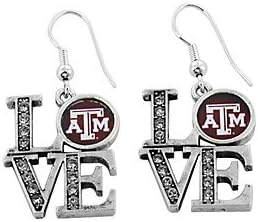 Crystal Accented Texas A&amp;M University "Love" Earrings. Silvertone Fish Hook Style Earrings with 1.25" Drop and .75" Wide Crystal Accents Made in U.S.A. Officially Licensed Collegiate Product