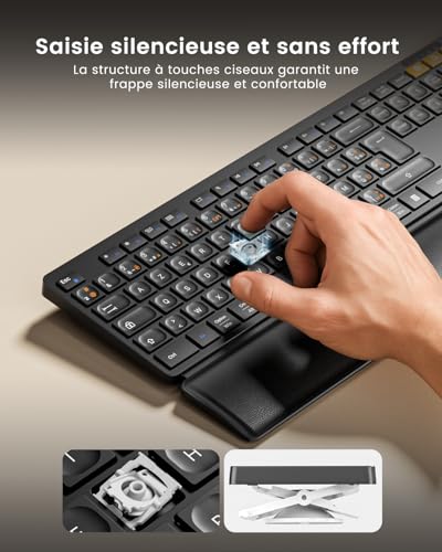 ProtoArc KM60 Rechargeable Wireless Keyboard Mouse Pack with Wrist Rest, Full Size, 2.4G + 2 x Bluetooth, for Laptop, PC, Mac, Windows, French AZERTY – Black