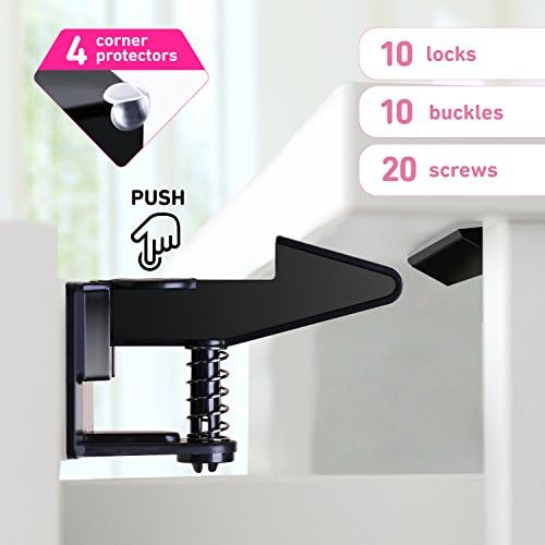 Cabinet Locks Safety Latches Kitchen Cabinet Locks, Easy Installation 10 Packs Child Locks and 4 Corner Protectors Without any Tools, Fit Most Cabinets, Drawers and Closets