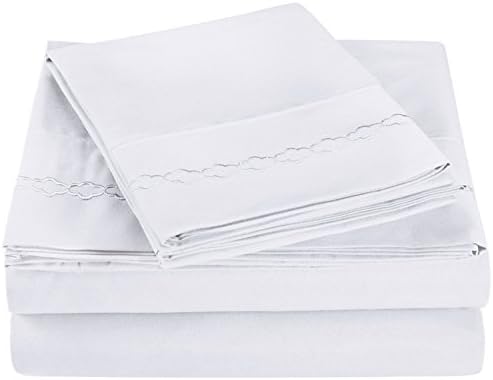 White Solid Twin XL Sheet Set Cloud Embrodery Super Soft Wrinkle Resistant [Fitted sheet, Flat Sheet &amp; One Pillow cases]