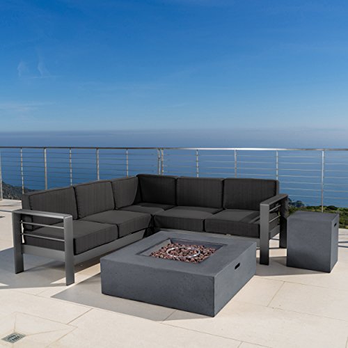Coral Bay Outdoor Grey Aluminum 5 Piece V-Shape Sectional Sofa Set with Fire Table (Grey)