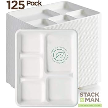 100% Compostable Paper Plate 125-Pack 5-Compartment Bagasse School Lunch Tray, Heavy Duty Quality Disposable Tray, Eco-Friendly Made of Sugar Cane Fibers