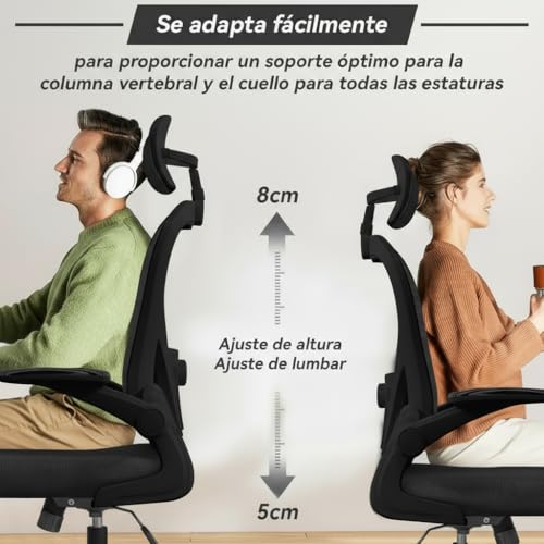 VIDITA Silla de Escritorio Ergonómica Oficina reposabrazos Ajustables Negro | Reposabrazos ajustables Silla de oficina de malla Relleno de espuma blanda en la zona lumbar, con soporte lumbar ajustable