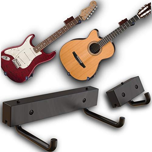 RawRock Horizontal Guitar Hanger Tilt and Display Your Guitar, Ukulele, Bass, Electric Guitar, Banjo at a Slanted Angle Sideways - Hang for easy access (Black Stain)