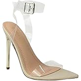 Chase & Chloe Womens Clear Stiletto High Heels Ankle Strap Sandals Shannon-2 Nude 7
