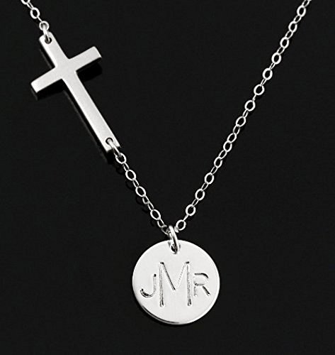 Monogrammed Cross Necklace . Sterling Silver . Sideways Cross . Personalized Disc