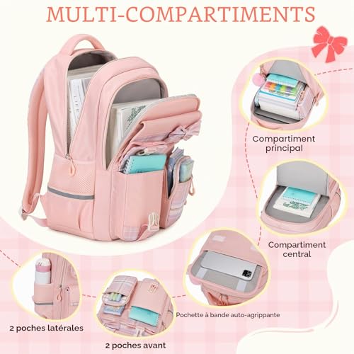 Tanou Girls Primary School Bag, Waterproof Daypack School Backpack for Teens, Kawaii Checked School Bag for Girls 9-16 Years Old for Travel
