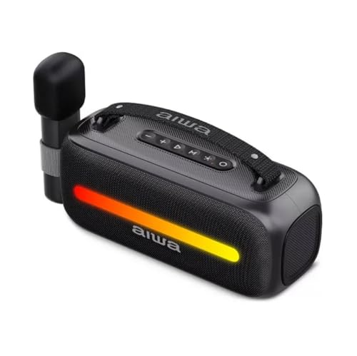 Aiwa Bocina Portátil Bluetooth AWS40BT con 12W de Potencia, Micrófono Inalámbrico para Karaoke, Luces RGB, Batería 6.5H, USB-C, Sonido Envolvente y Diseño Ideal para Fiestas y Reuniones