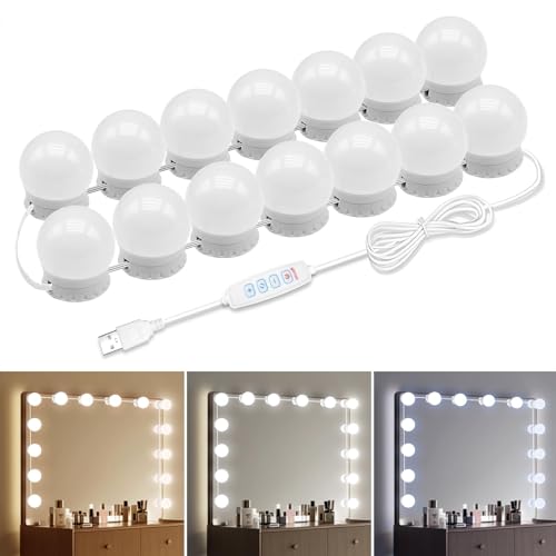 LED Vanity Mirror Lights, 14 Dimmable Bulbs - Hollywood Style | Adjustable Color Brightness, USB Powered, Self-Adhesive for Makeup Table Dressing Room