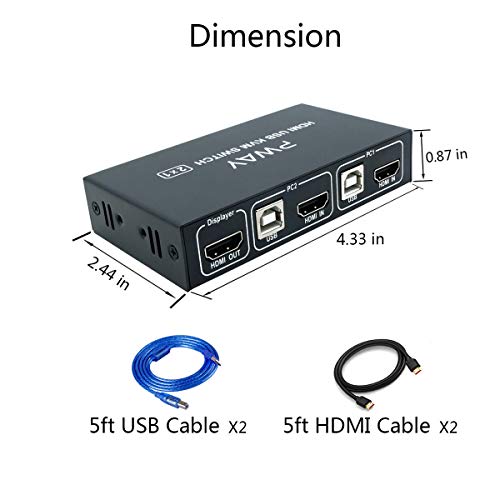 AAO 2X1 KVM Switch HDMI 4K 2 Port USB KVM Switch Box Supports Auto-scan, Hot-Key Switch for Netware, Dos, Linux, Unix and Windows 4K@30Hz with 2 Pcs 5ft USB Cables and HDMI Cables