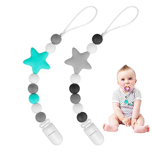 Pacifier Clips, Komake 2 in 1 Teether Pacifier Clip Chewable Silicone Teething Beads BPA Free Binky Holder for Girls, Boys, Teether Toys, Soothie, Mam, Drool Bibs, 2 Pack (Green, Gray)