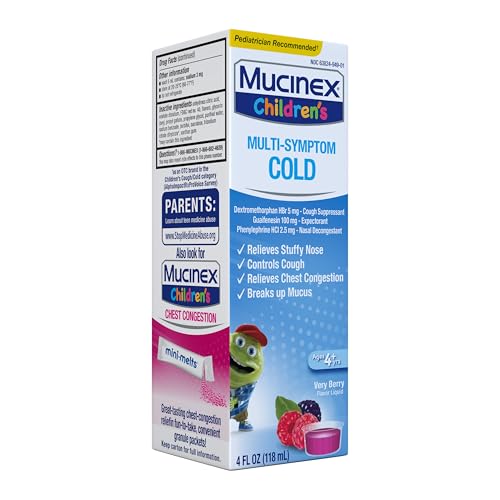 MUCINEX CHILDREN’S MULTI-SYMPTOM COLD MEDICINE, KIDS COUGH MEDICINE, MUCINEX KIDS MEDICINE/DECONGESTANT WITH DEXTROMETHORPHAN HBR, GUAIFENESIN, PHENYLEPHRINE HCL, VERY BERRY FLAVOR LIQUID, 4 FL OZ