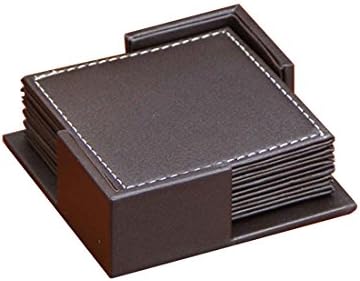 Square Leather Set of 6 Drink Cup Coaster Mat with Coaster Holder Black/Brown (Brown)