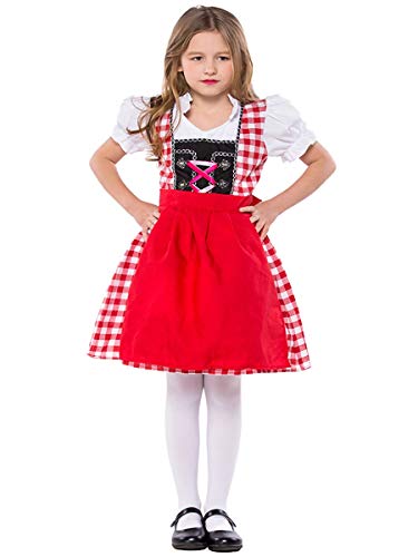 MYRISAM Girls Bavarian Oktoberfest Costumes Dirndl Dress with Apron Beer Maid Fancy Dress Carnival Halloween Costume Red 8-9T - Thumbnail 4