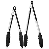 WeHome Stainless Steel Cooking Tongs Set Of 2, Food Tongs With Silicone Rubber Tips And Locking Design For Salad, Snake, BBQ And More