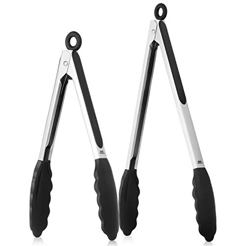 WeHome Stainless Steel Cooking Tongs Set Of 2, Food Tongs With Silicone Rubber Tips And Locking Design For Salad, Snake, BBQ And More