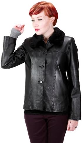 Womens Classic Fur Collar Genuine Leather Jacket, Black, Large
