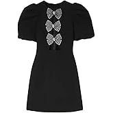 OWEIEYEU Women's Crystal Bow Decorated Mini Skirt Puff Sleeve Summer Chic Black Casual Dress