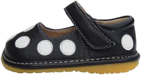 Toddler Shoes Black Infant Girls First Walker Leather Squeaky Shoes with White Spots UK Sizes 3-8 F Fitting