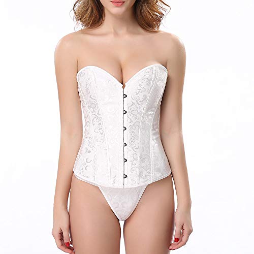 Women's Vintage Lace Up Boned Overbust Corset Bustier Bodyshaper Lace Trim Bodyshaper to White