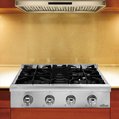 Thor Kitchen 30'' Gas Cooktop with 4 Sealed Burners in Stainless Steel, Flat Cast-iron Grates, Cast-Iron Reversible Griddle, HRT3004U