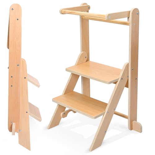 Folding Learning Tower, Observation Tower for 1-5 Year Old, Montessori Learning, Natural Wood Kitchen Helper, Safe and Easy to Assemble (50kg Capacity)