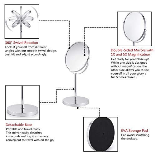 Double-Sided Magnifying Makeup Mirror, Large 6.7-Inch Vanity Makeup Mirror,1X and 5X Magnifying Mirrors ~ Perfect for Bedroom or Bathroom Vanity, Tabletop Swivel Mirror Chrome Finish