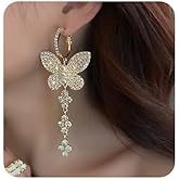 Jumwrit Boho Pearl Butterfly Drop Earrings - Rhinestone Huggie Hoop Earrings for Women (Gold)
