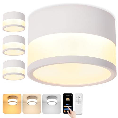 URing 4 x LED Surface-Mounted Spotlights, Dimmable, IP65 Ceiling Light, Surface-Mounted with Remote Control, App, 12 W Ceiling Spotlights, White, 2700 K - 6500 K, Surface-Mounted Spotlight, Flat Aluminium, 230 V Ceiling Light, Round Bathroom Lamp, Diameter 10 cm
